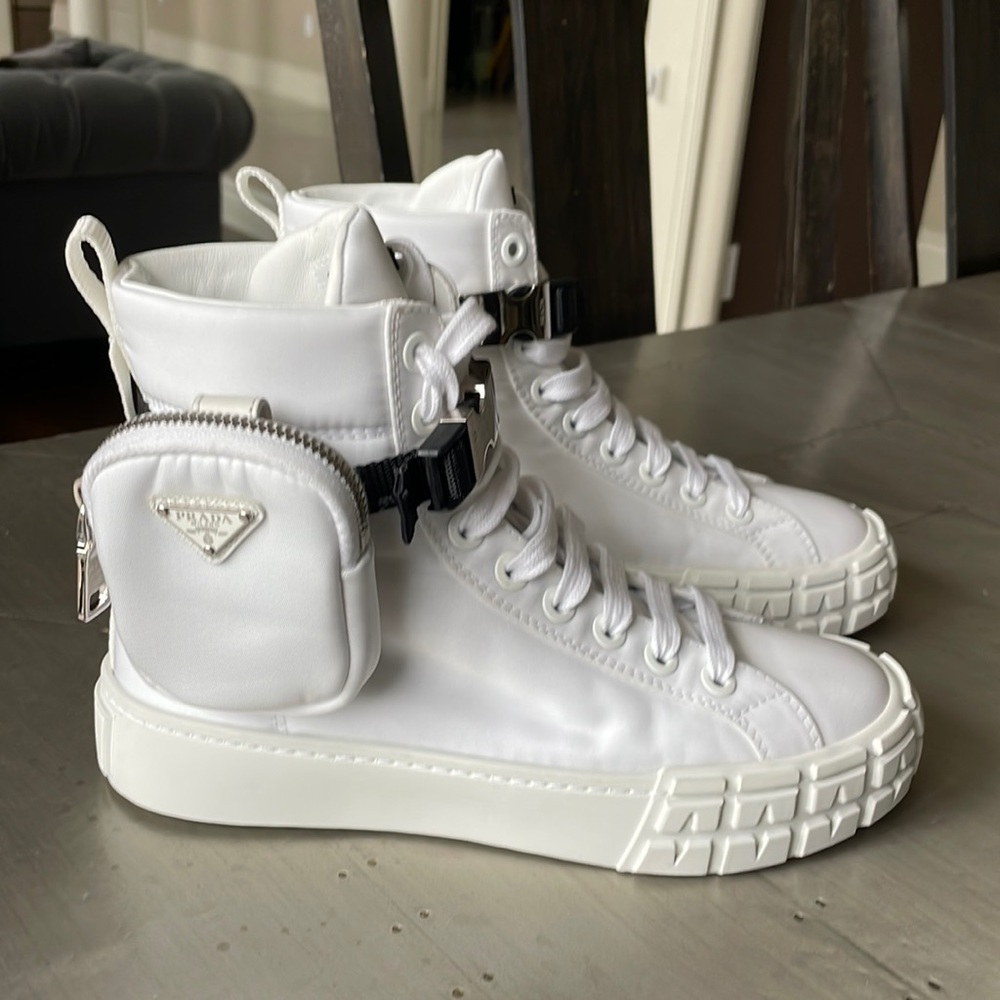 Prada Re-nylon white sneaker trainer flats with removable pouch sz 37.5